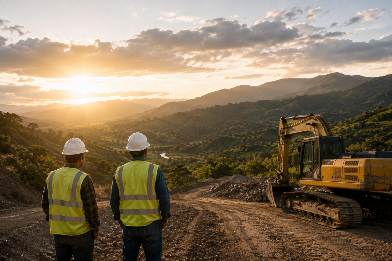 Workers observing earthmoving machinery on a rural road